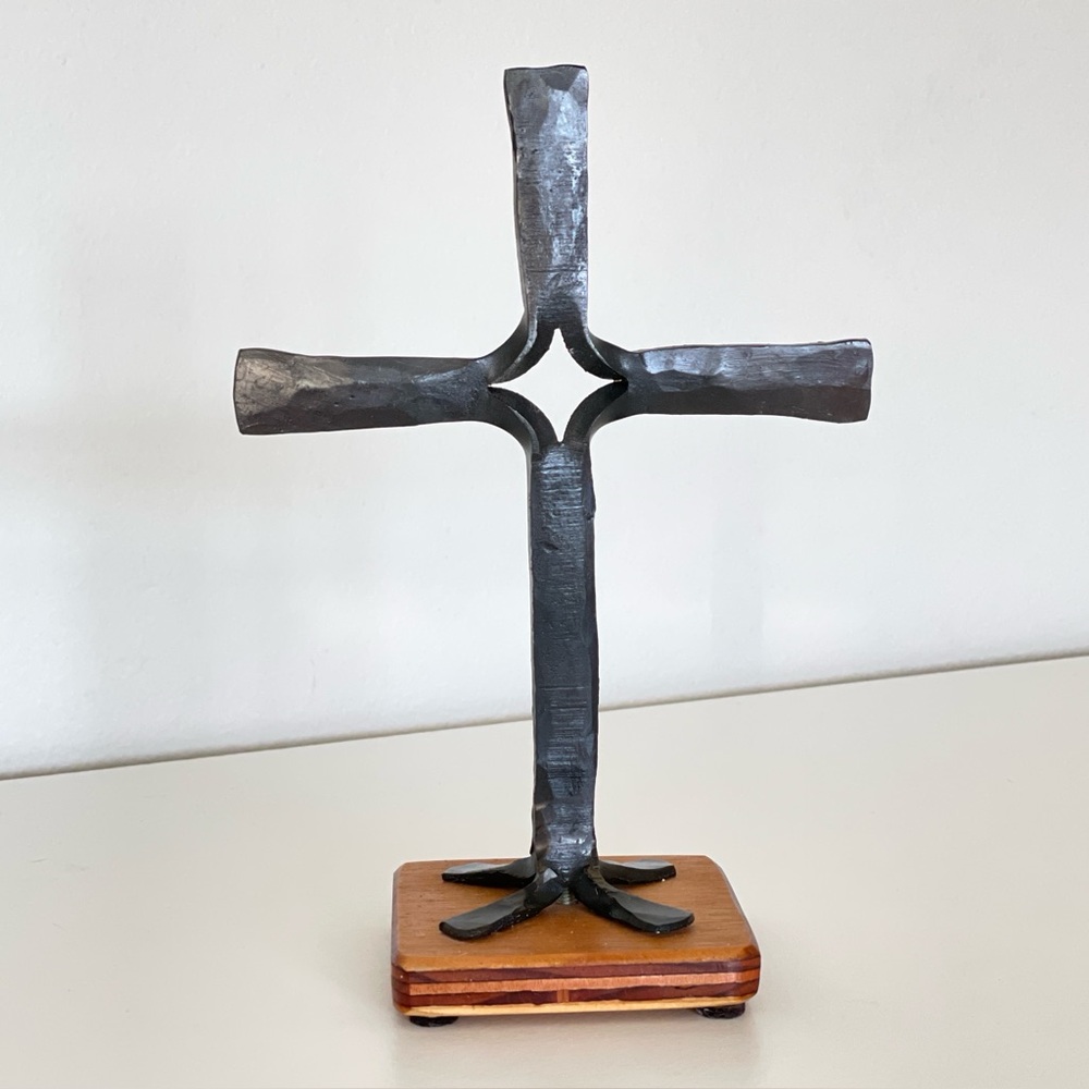 Hand-forged Iron Cross - Rustic Metal Christian Easter Art - 7.75”